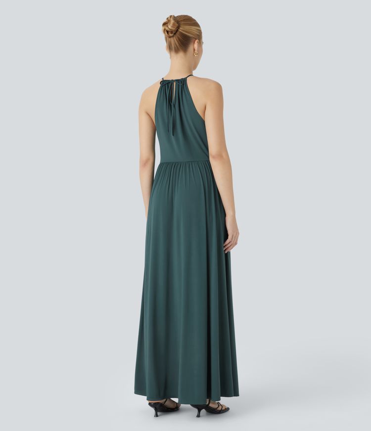 Adjustable Halter Tie Back Side Pocket Split Hem Flowy Maxi Christmas Party Dress