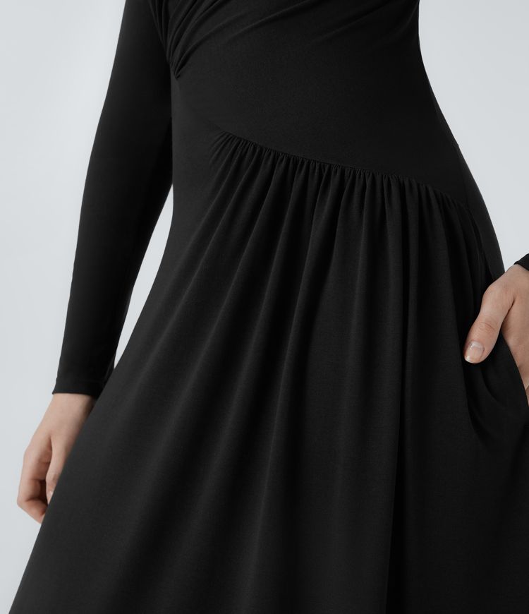 Vestido maxi fluido cuello asimétrico manga larga bolsillo lateral plisado