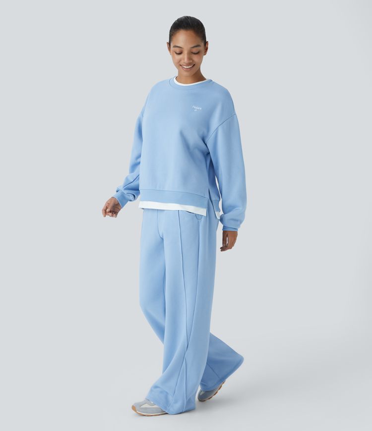 Mid Rise Ribbed Waistband Side Pocket Straight Leg Fleece Casual Trousers