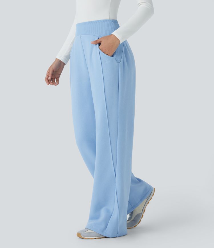 Mid Rise Ribbed Waistband Side Pocket Straight Leg Fleece Casual Trousers