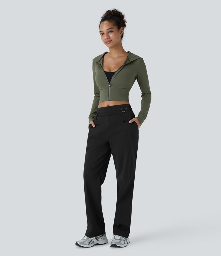Wear-Resistant Mid Rise Pocket Straight Leg Casual Pants