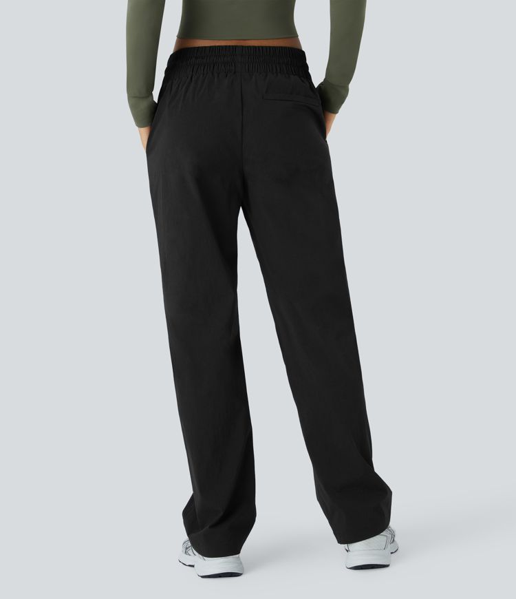 Wear-Resistant Mid Rise Adjustable Drawcord Side Pocket Straight Leg Casual Pants