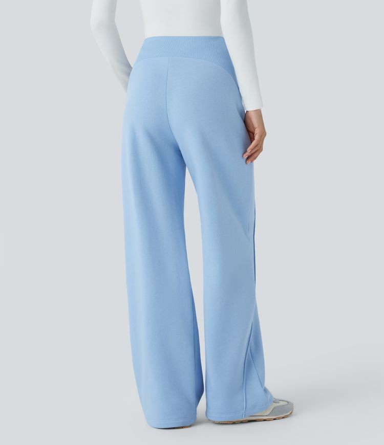 Mid Rise Ribbed Waistband Side Pocket Straight Leg Fleece Casual Trousers