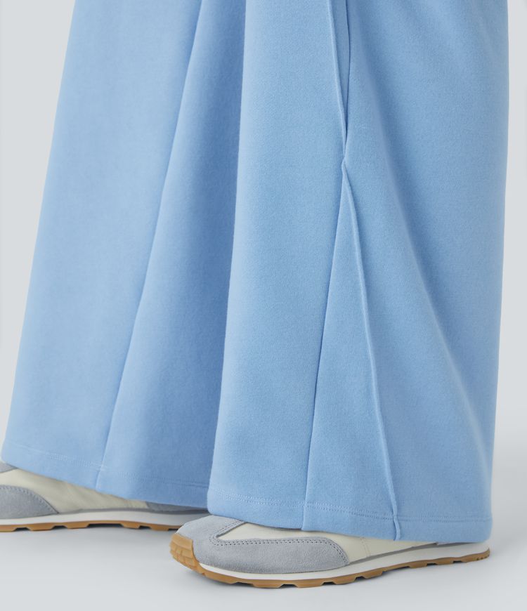 Mid Rise Ribbed Waistband Side Pocket Straight Leg Fleece Casual Trousers