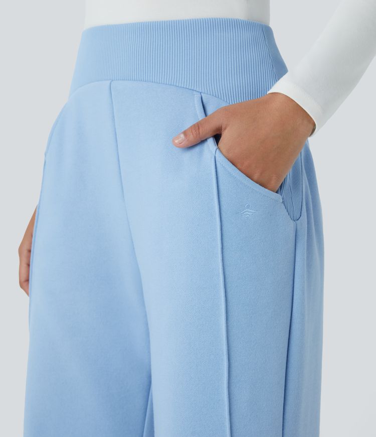 Mid Rise Ribbed Waistband Side Pocket Straight Leg Fleece Casual Trousers