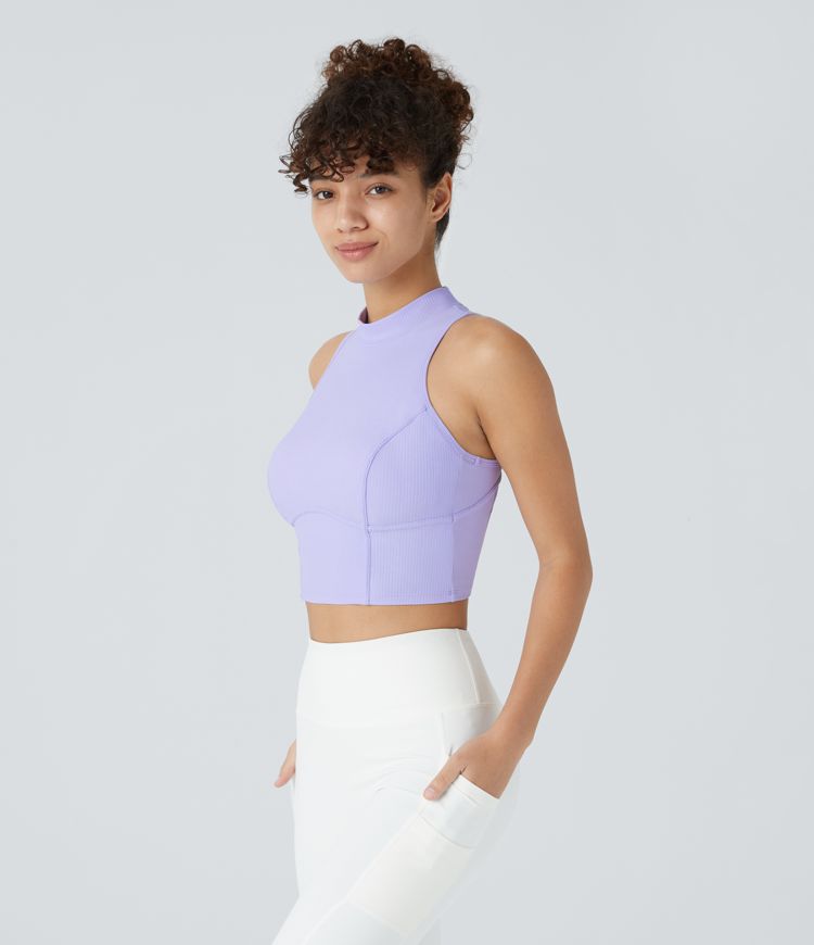 Ribbed Stand Collar Racerback Cropped Skinny Workout Tank Vest Top