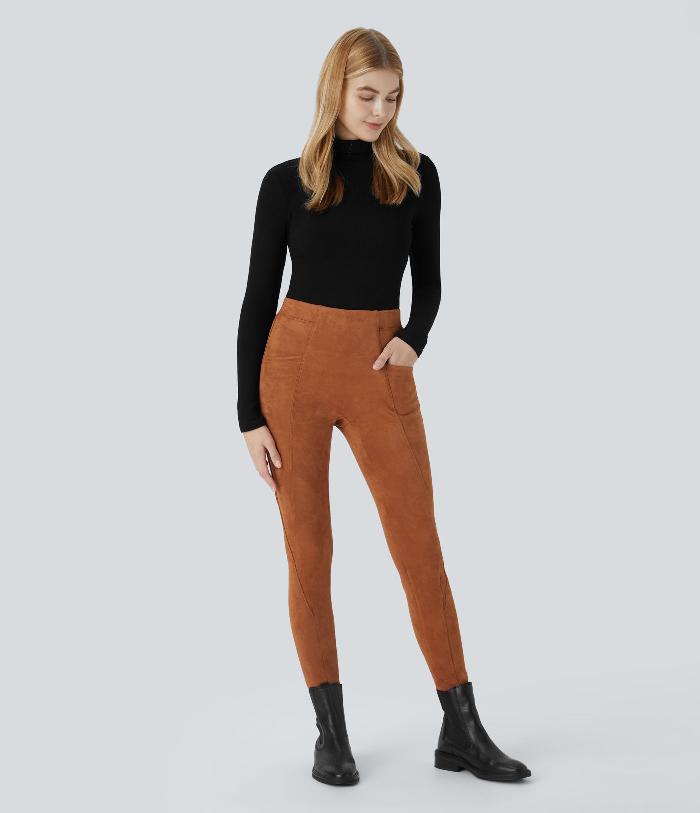 High Waisted Tummy Control Pocket Suede Casual Leggings