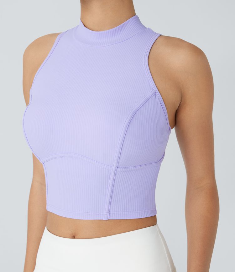 Ribbed Stand Collar Racerback Cropped Skinny Workout Tank Vest Top