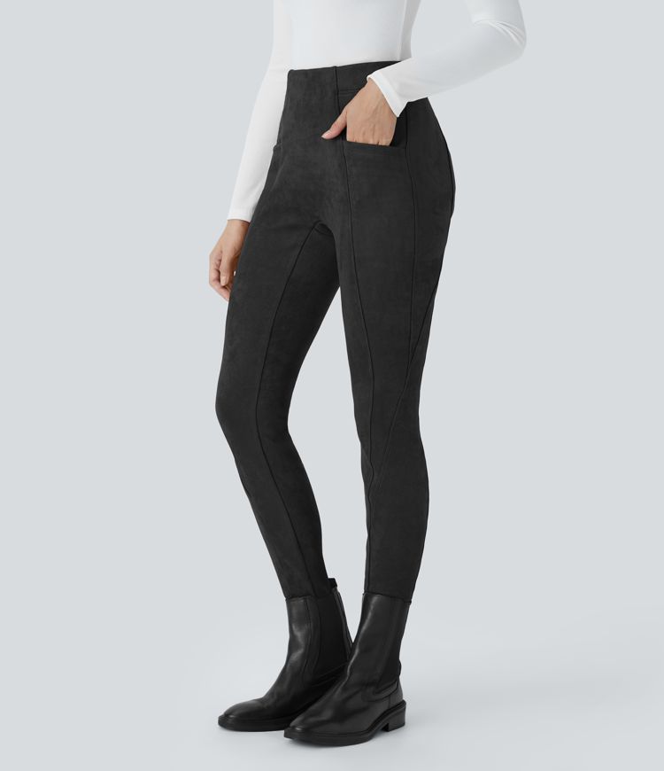High Waisted Tummy Control Side Pocket Suede Casual Leggings