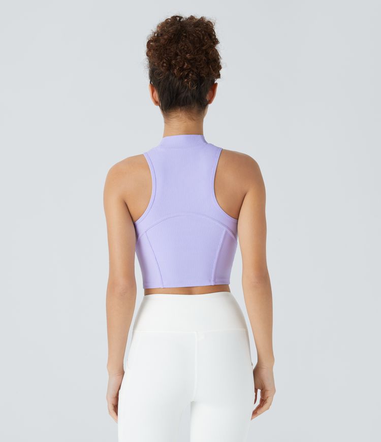 Ribbed Stand Collar Racerback Cropped Skinny Workout Tank Vest Top