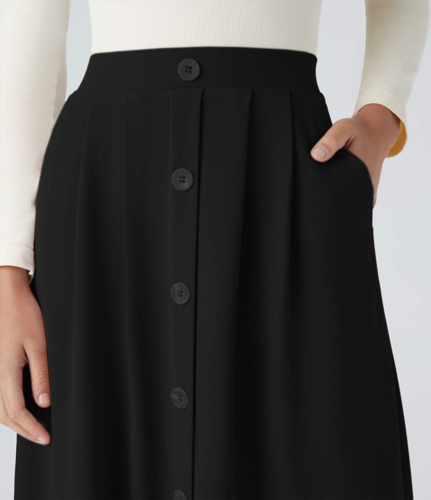 High waist decorative button side pocket waffle A-line midi casual skirt