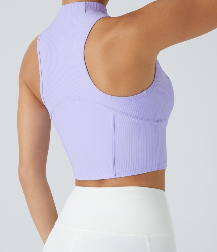 Ribbed Stand Collar Racerback Cropped Skinny Workout Tank Vest Top