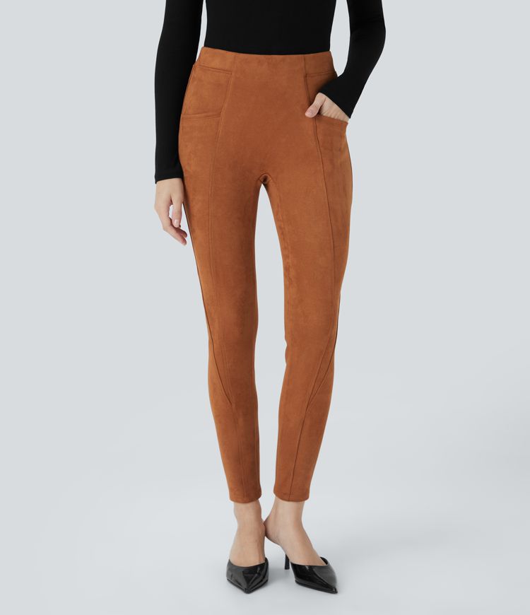 High Waisted Tummy Control Pocket Suede Casual Leggings