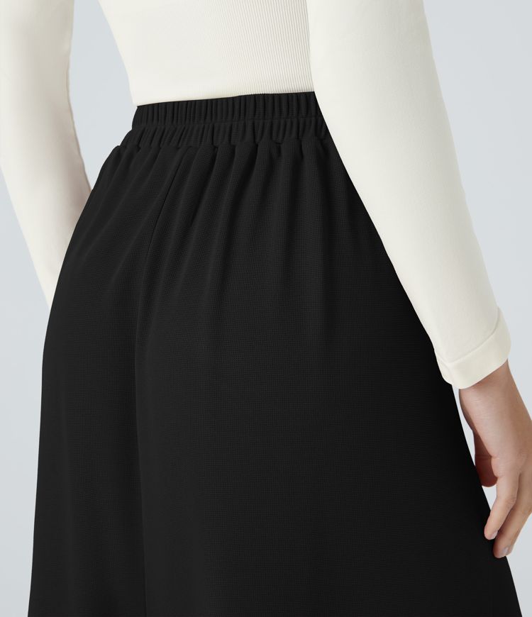 High Waisted Decorative Pocket Waffle A Line Midi Casual Skirt