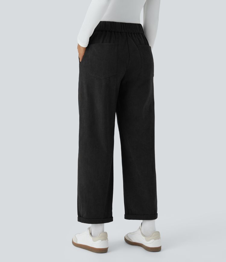 Mid-rise button zipper multi-pocket ankle-length casual corduroy pants