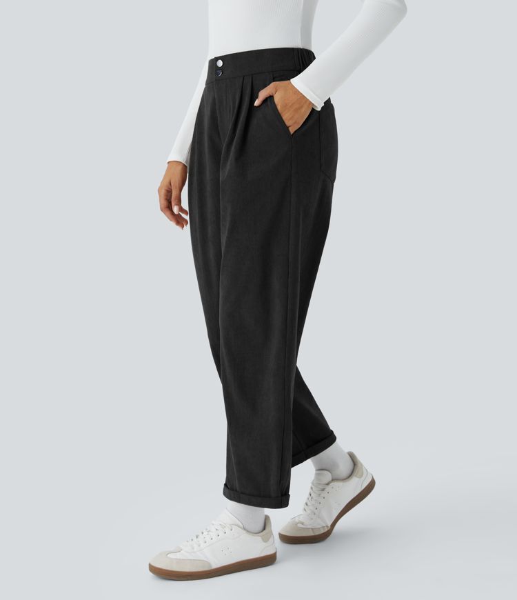 Mid-rise button zipper multi-pocket ankle-length casual corduroy pants