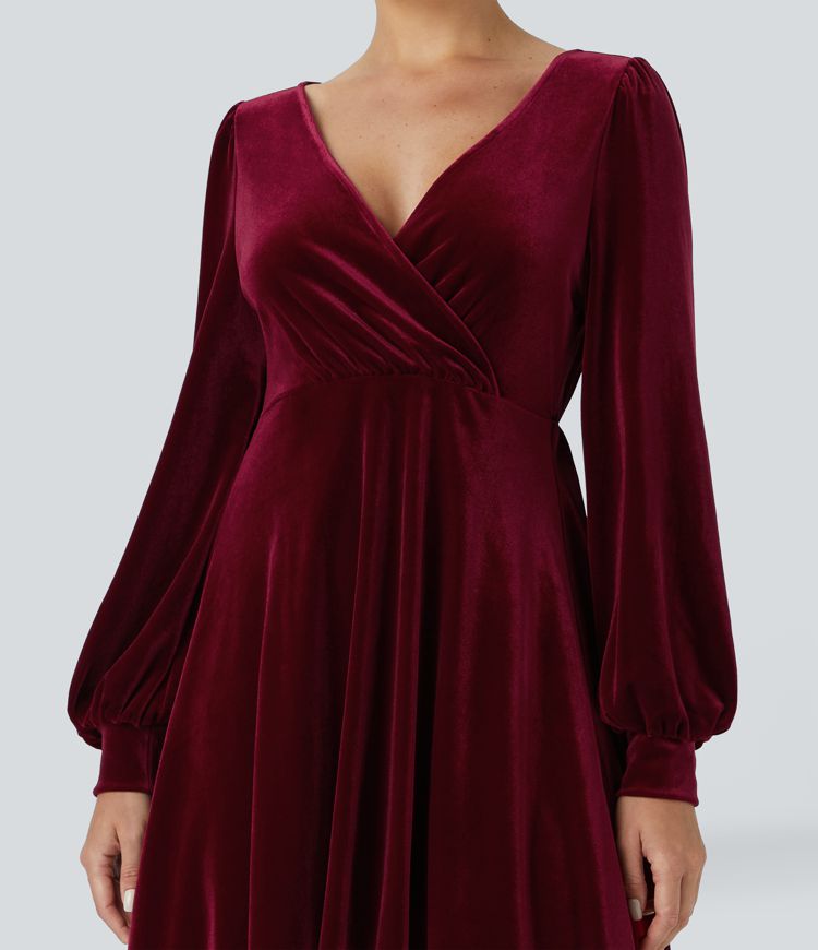 V Neck Crossover Bishop Long Sleeve High Low Flowy Velvet Midi Casual Dress