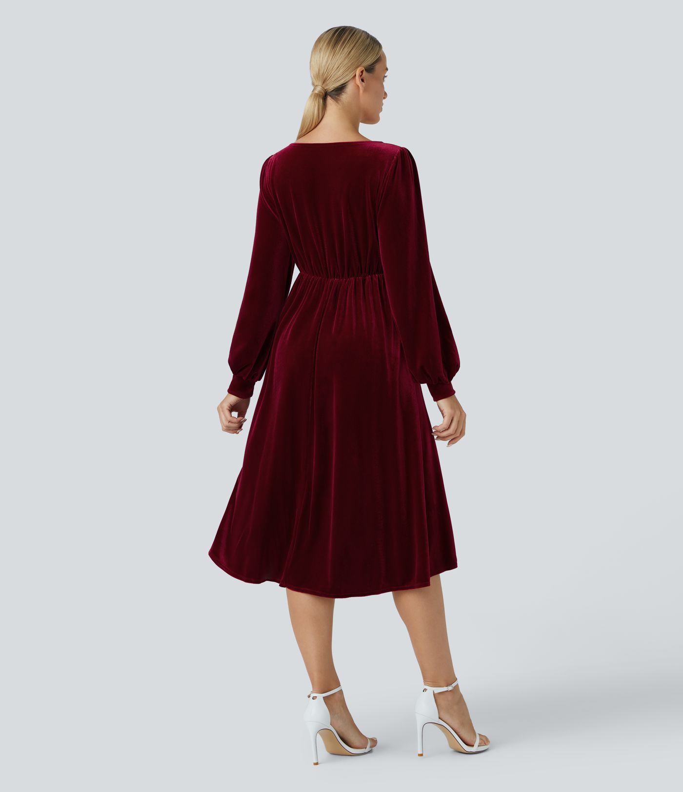 V Neck Crossover Bishop Long Sleeve High Low Flowy Velvet Midi Casual Dress