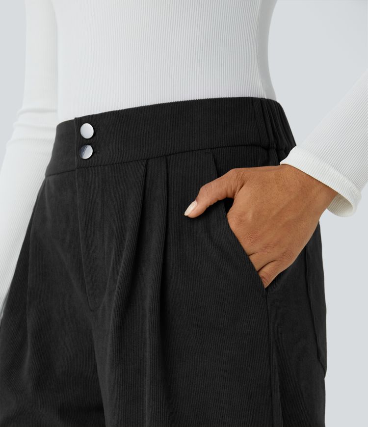 Mid-rise button zipper multi-pocket ankle-length casual corduroy pants