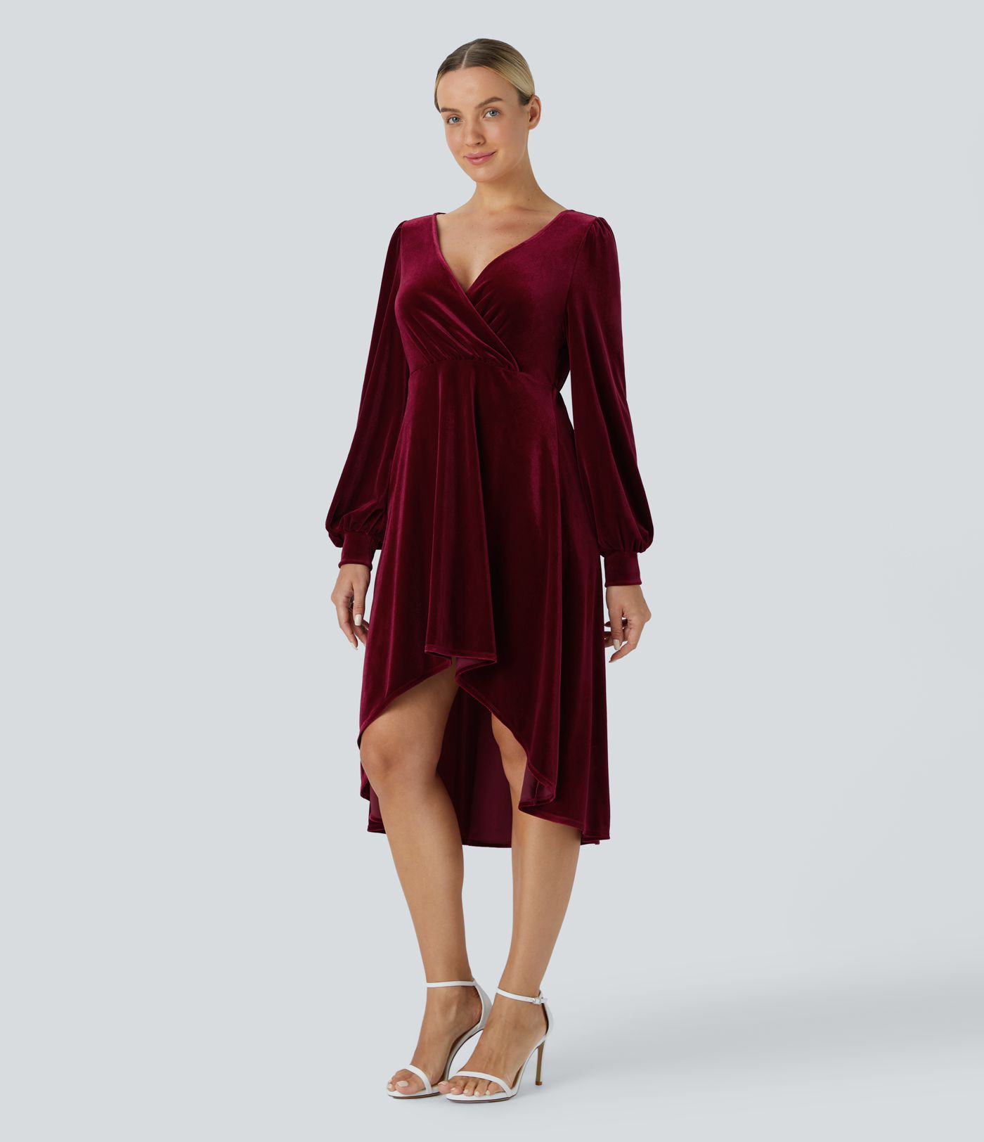 V Neck Crossover Bishop Long Sleeve High Low Flowy Velvet Midi Casual Dress