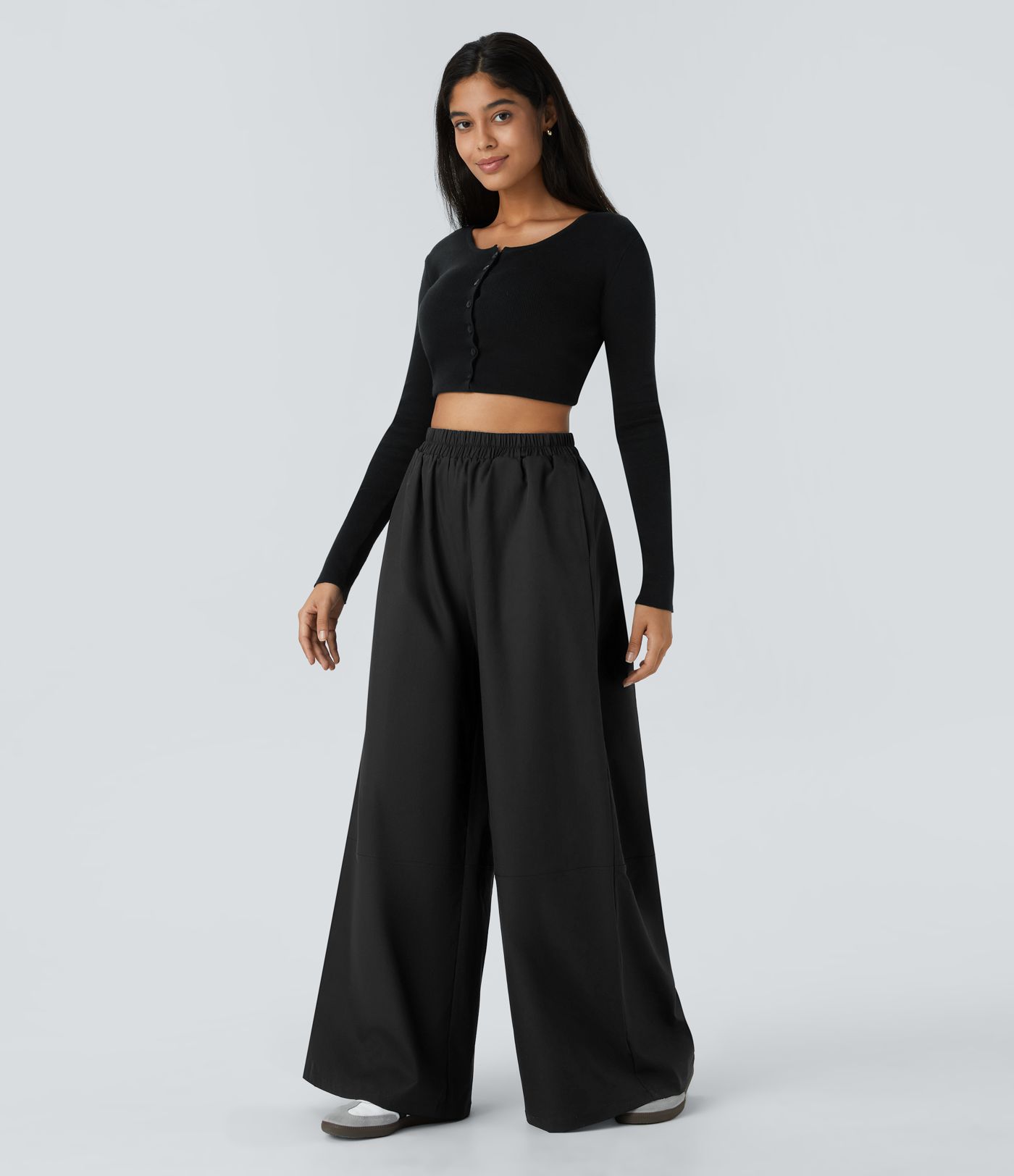 Water Repellent Wear-Resistant High Waisted Pocket Wide Leg Mop Casual Trousers