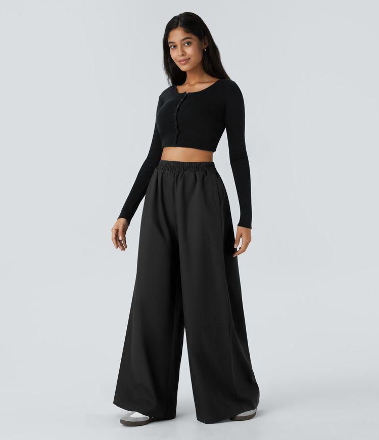 Water Repellent Wear-Resistant High Waisted Pocket Wide Leg Mop Casual Pants