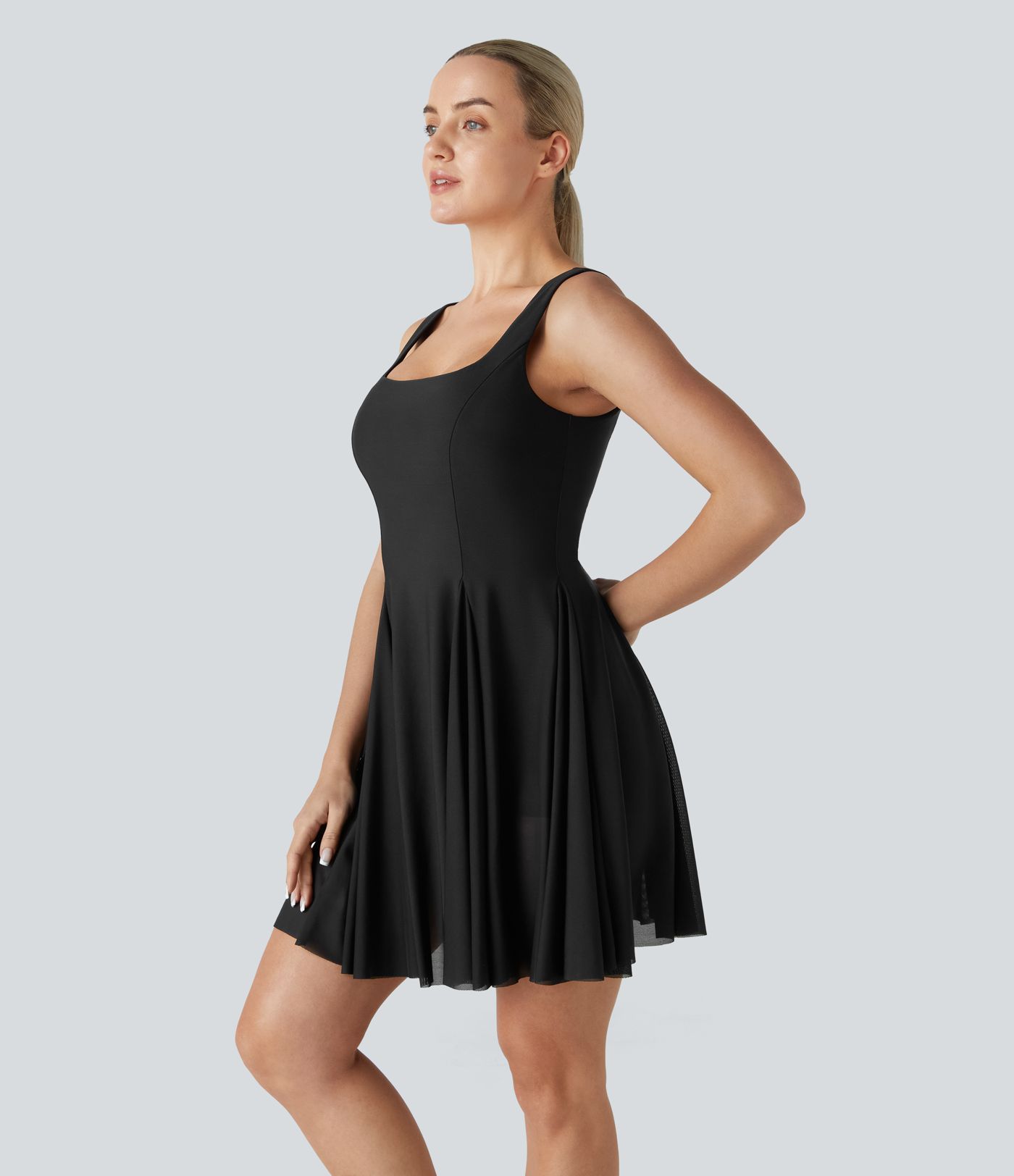 Softlyzero™ Airy Square Neck Backless Contrast Mesh 2-in-1 Side Pocket  Flare Mini Active Dress