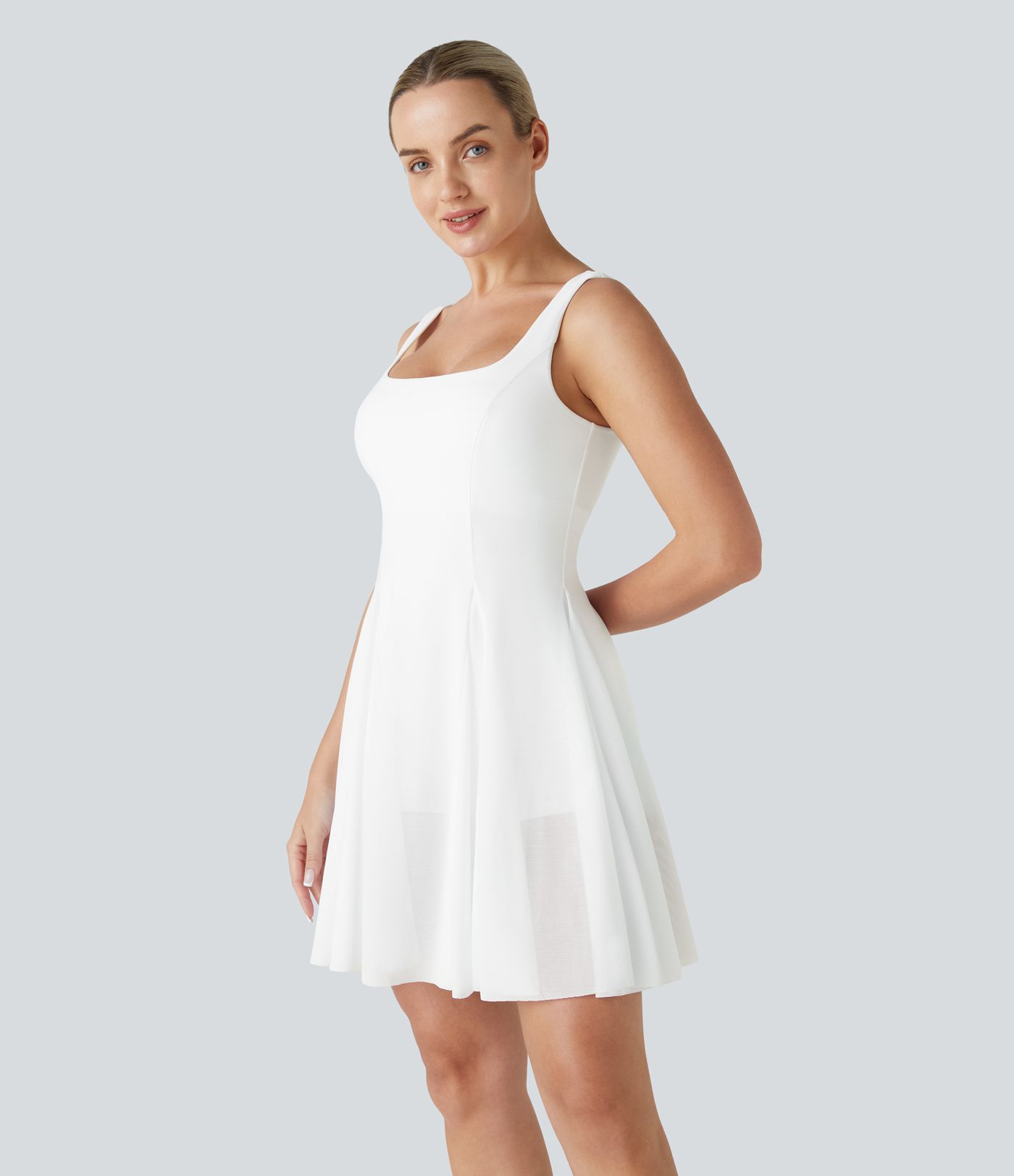 Minivestido Softlyzero™ Airy activo cuello cuadrado sin espalda malla contrastante 2 en 1 bolsillo lateral tacto fresco Flare