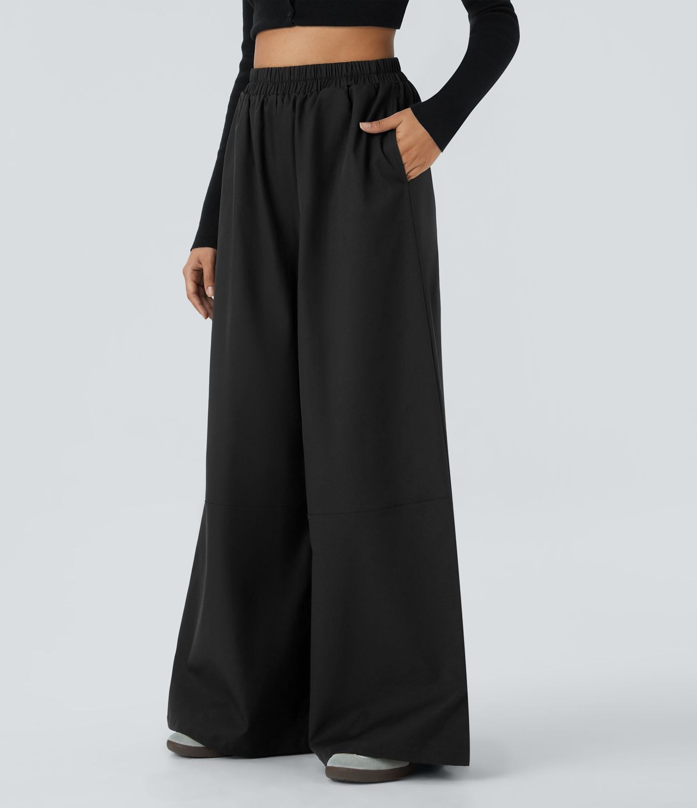 Water Repellent Wear-Resistant High Waisted Pocket Wide Leg Mop Casual Trousers