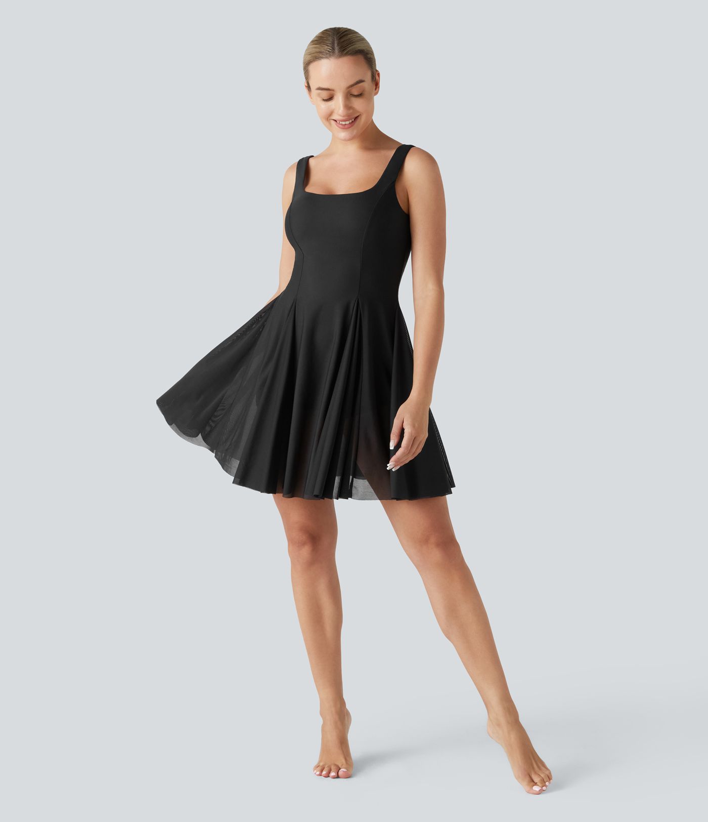 Softlyzero™ Airy Square Neck Backless Contrast Mesh 2-in-1 Side Pocket  Flare Mini Active Dress