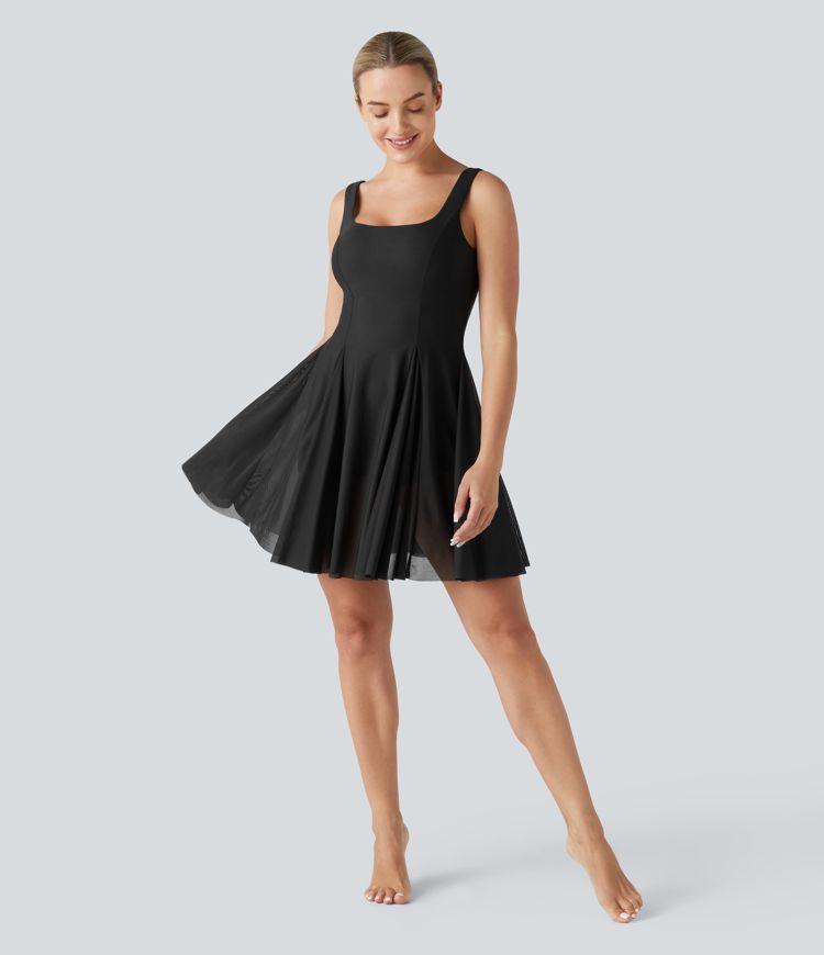 Softlyzero™ Airy Square Neck Backless Contrast Mesh 2-in-1 Side Pocket  Flare Mini Active Dress