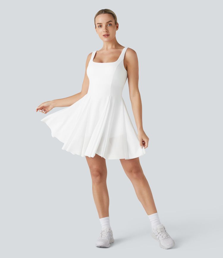 Minivestido Softlyzero™ Airy activo cuello cuadrado sin espalda malla contrastante 2 en 1 bolsillo lateral tacto fresco Flare