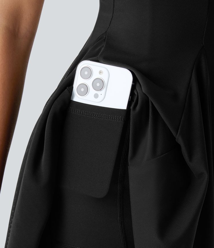 Softlyzero™ Airy Square Neck Backless Contrast Mesh 2-in-1 Side Pocket  Flare Mini Active Dress