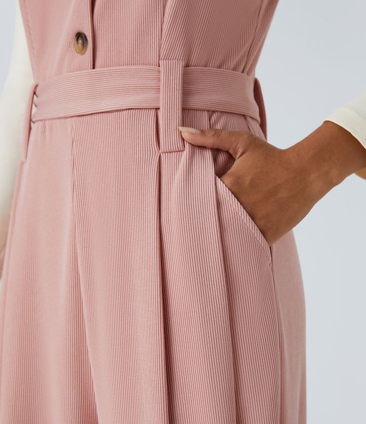 Ribbed Asymmetric Neck Sleeveless Belted Pocket Wide Leg Casual Jumpsuit