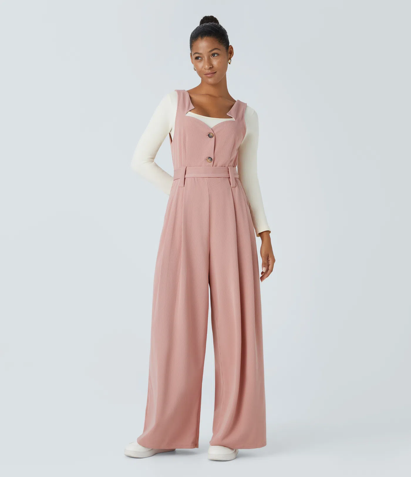 Ribbed Asymmetric Neck Sleeveless Belted Pocket Wide Leg Casual Jumpsuit