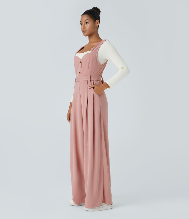 Ribbed Asymmetric Neck Sleeveless Belted Pocket Wide Leg Casual Jumpsuit