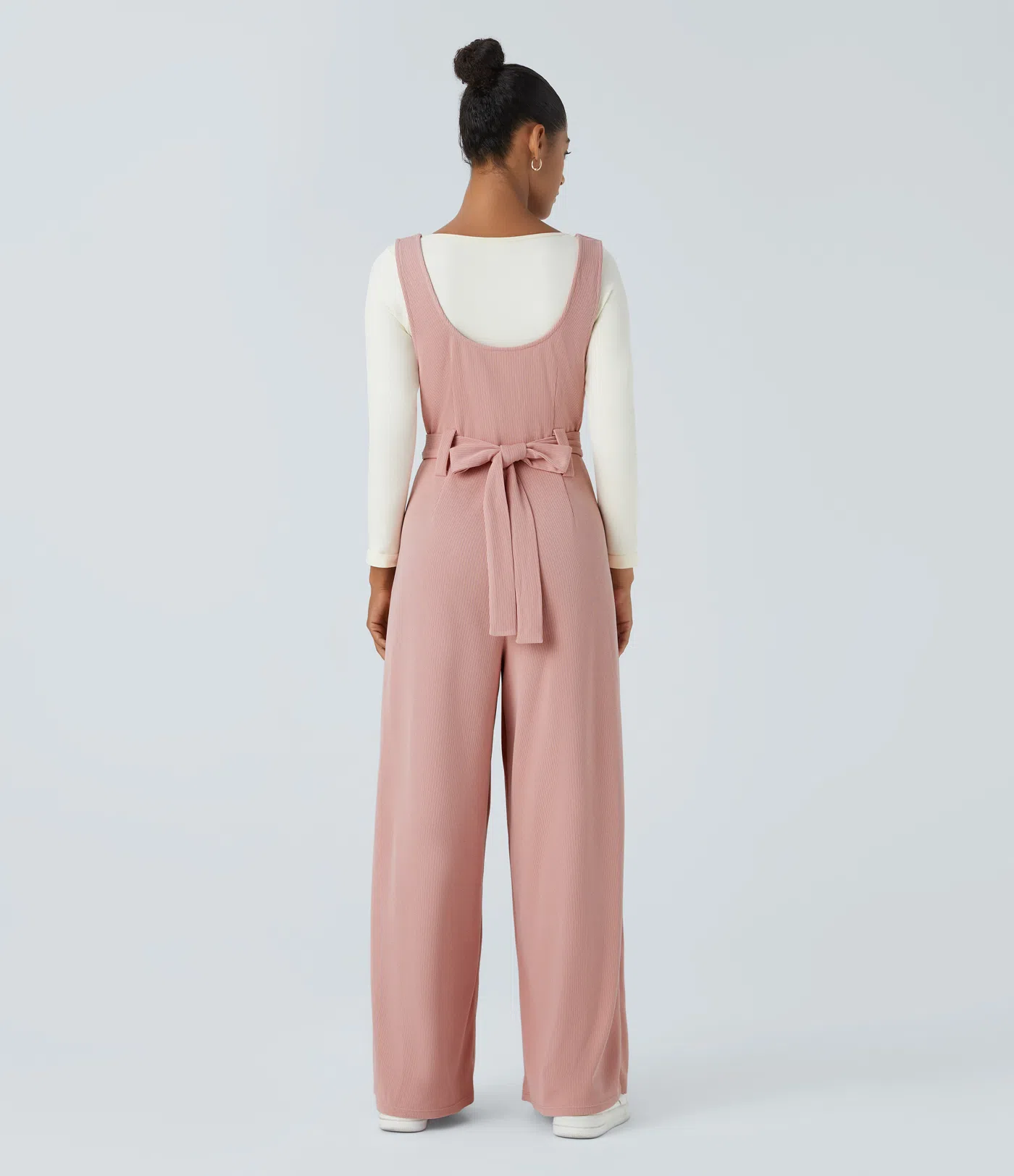 Ribbed Asymmetric Neck Sleeveless Belted Pocket Wide Leg Casual Jumpsuit