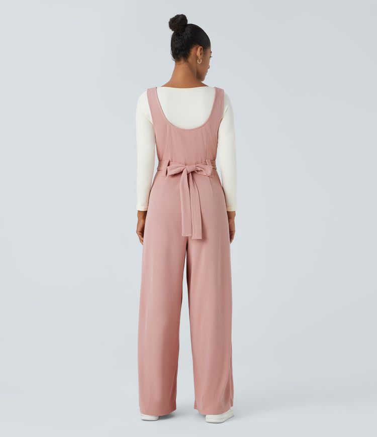 Ribbed Asymmetric Neck Sleeveless Belted Pocket Wide Leg Casual Jumpsuit
