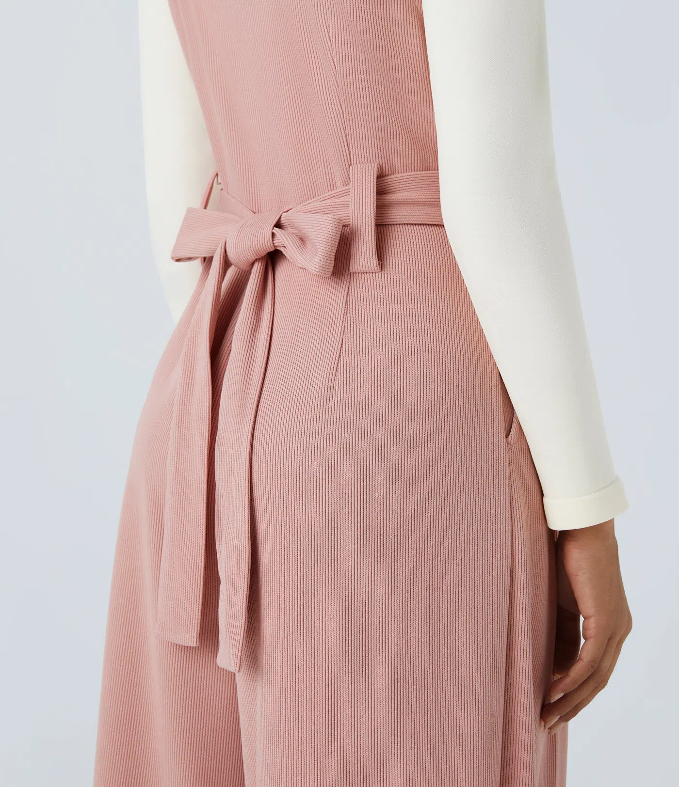 Ribbed Asymmetric Neck Sleeveless Belted Pocket Wide Leg Casual Jumpsuit