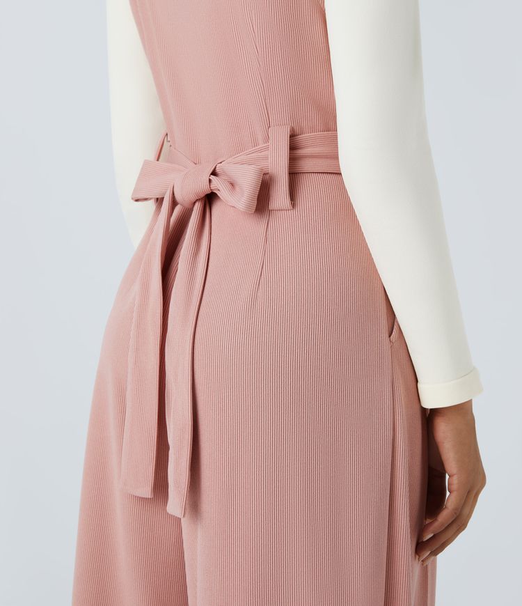 Ribbed Asymmetric Neck Sleeveless Belted Pocket Wide Leg Casual Jumpsuit