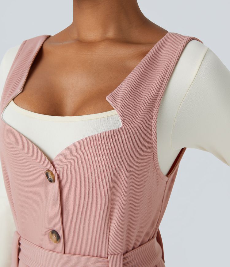 Ribbed Asymmetric Neck Sleeveless Belted Pocket Wide Leg Casual Jumpsuit