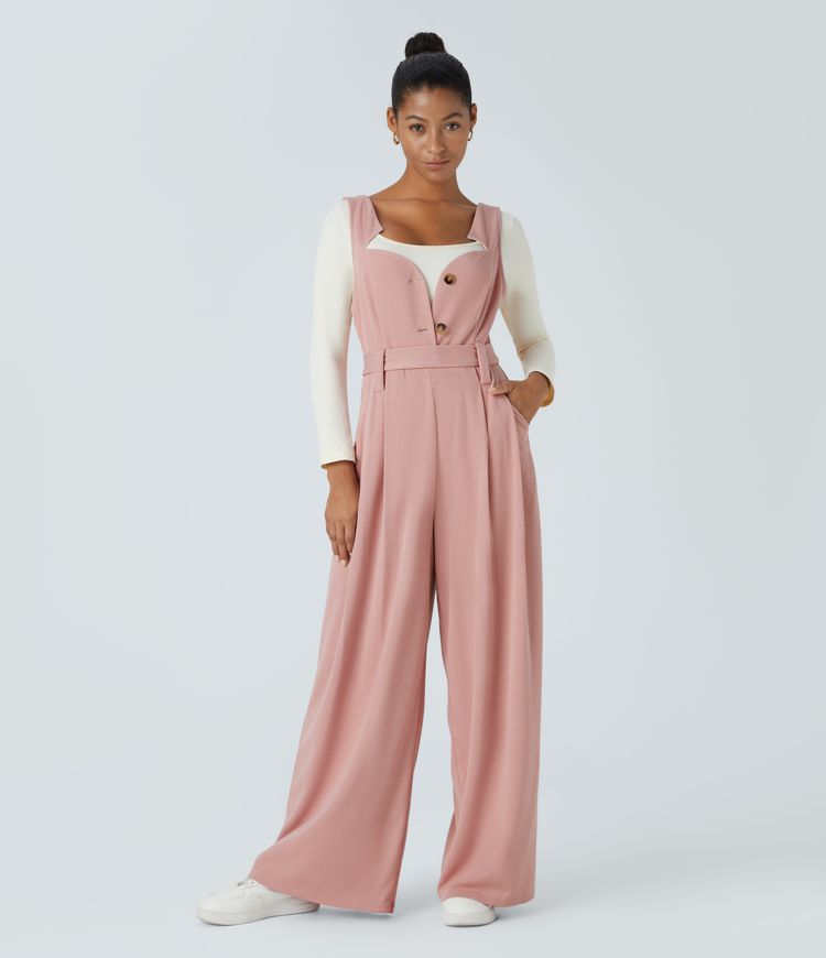 Ribbed Asymmetric Neck Sleeveless Belted Pocket Wide Leg Casual Jumpsuit