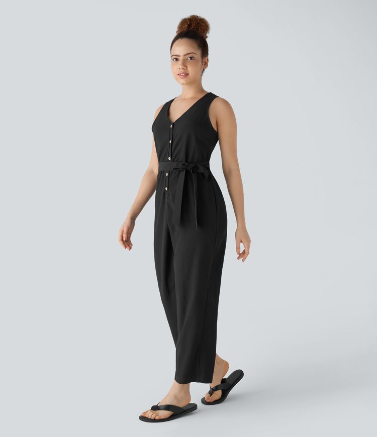 V Neck Belted Pocket Casual Jumpsuit