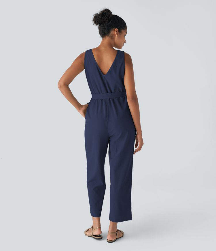 Combinaison Casual à Col en V Boutonnée Dos Nu Ceinturée avec Poches Latérales