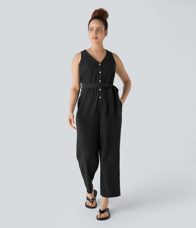 V Neck Button Backless Belted Side Pocket Casual Jumpsuit
