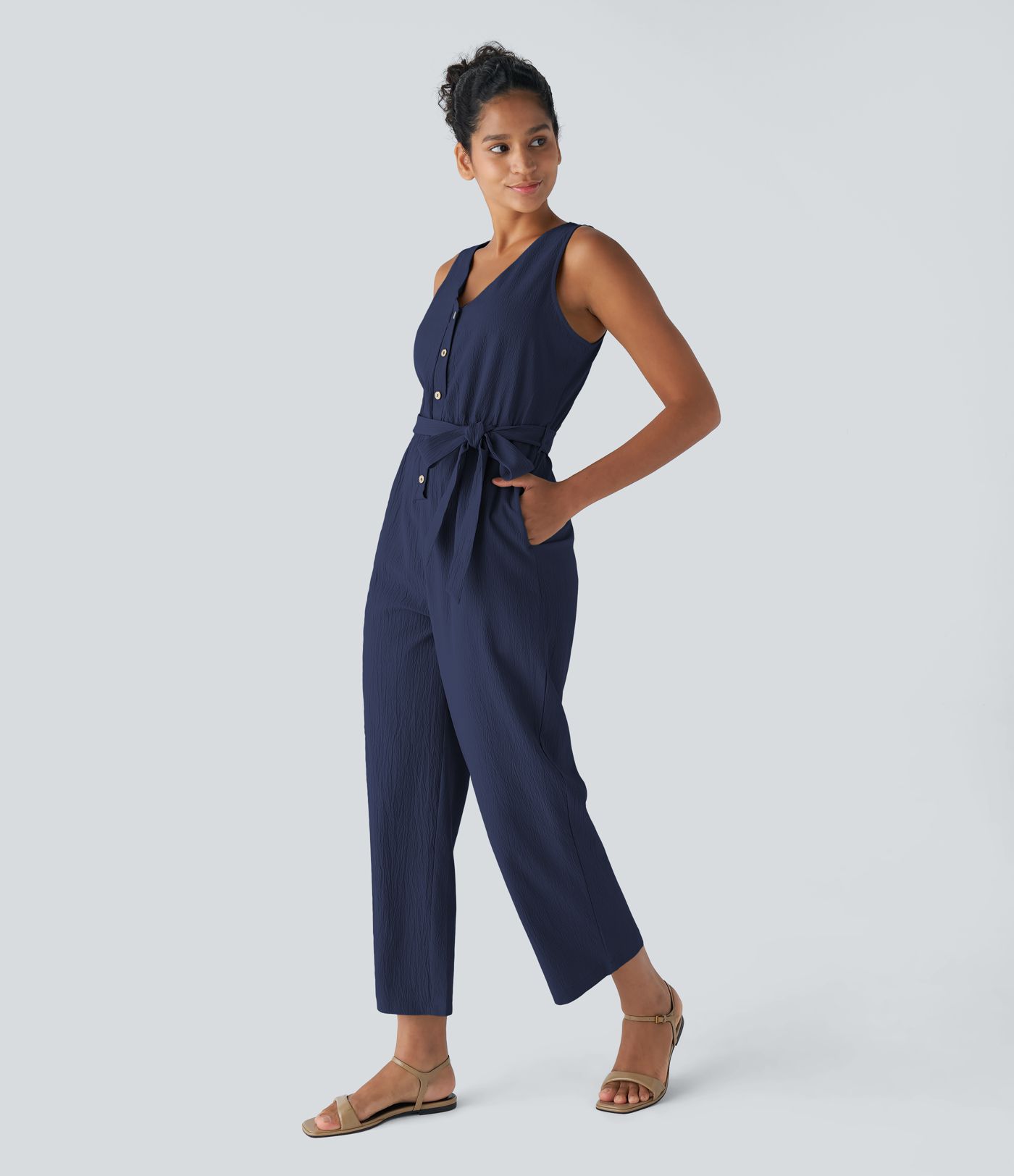 Combinaison Casual à Col en V Boutonnée Dos Nu Ceinturée avec Poches Latérales