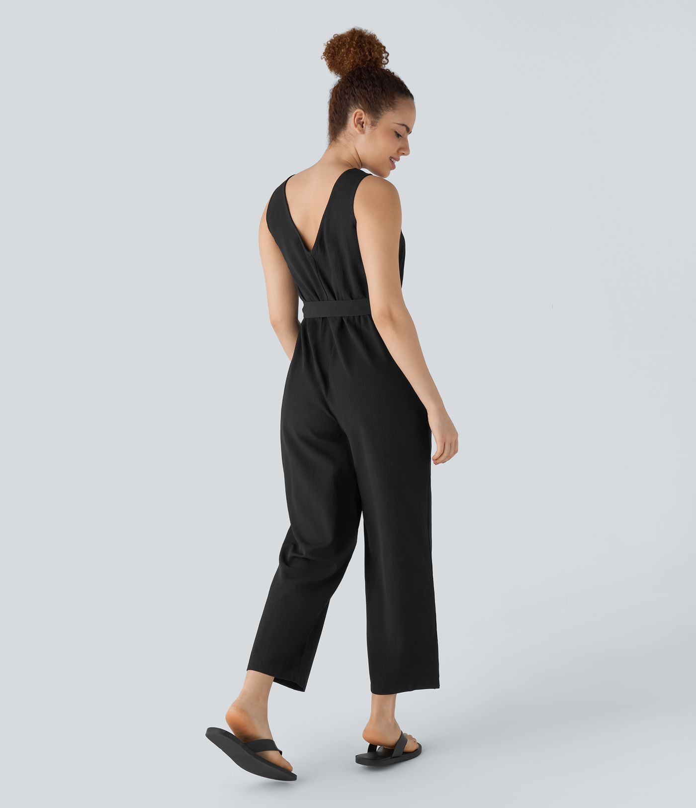 V Neck Belted Pocket Casual Jumpsuit