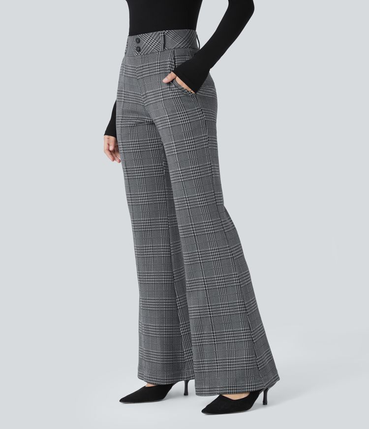 Halara Flex™ High Waisted Decorative Button Side Pocket Houndstooth Plaid Work Flare Pants