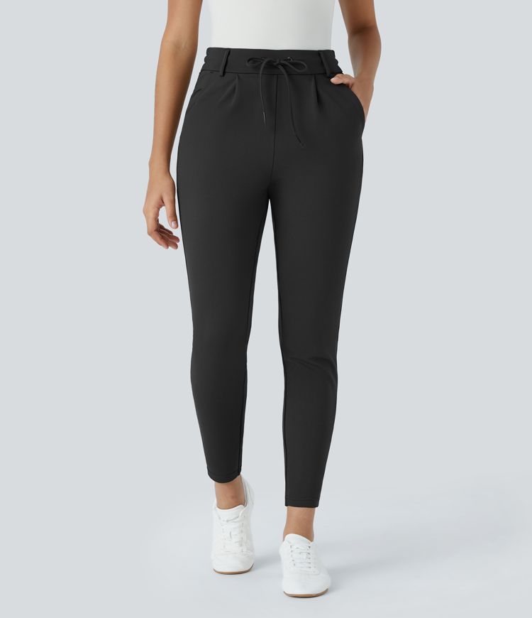 Halara Flex™ Knöchellange, konische Stoffhose mit mittelhohem Bund, Seitentasche und Kordelzug