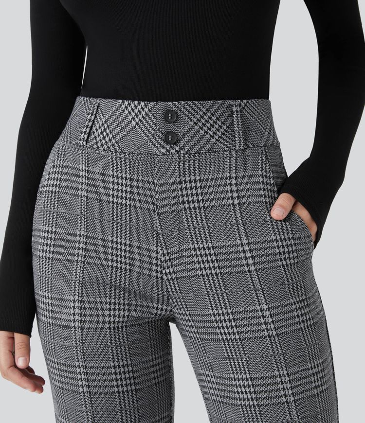 Halara Flex™ Pantalon tailleur évasé à carreaux pied-de-poule, taille haute avec boutons décoratifs et poches latérales